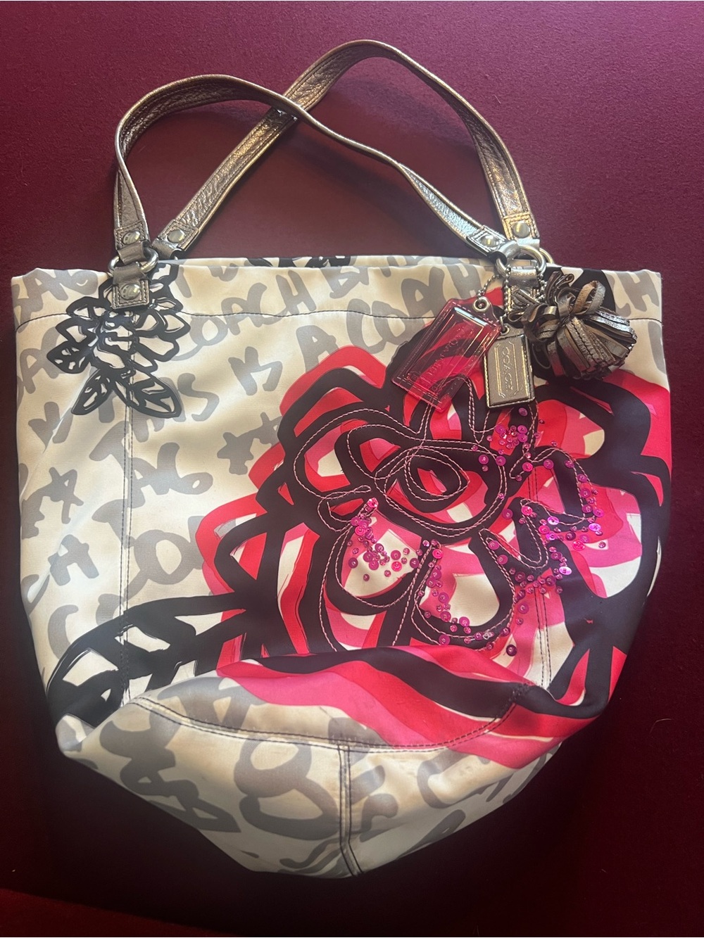 Coach Poppy Graffiti Bella Glam Tote w/ Original Tassel Charms